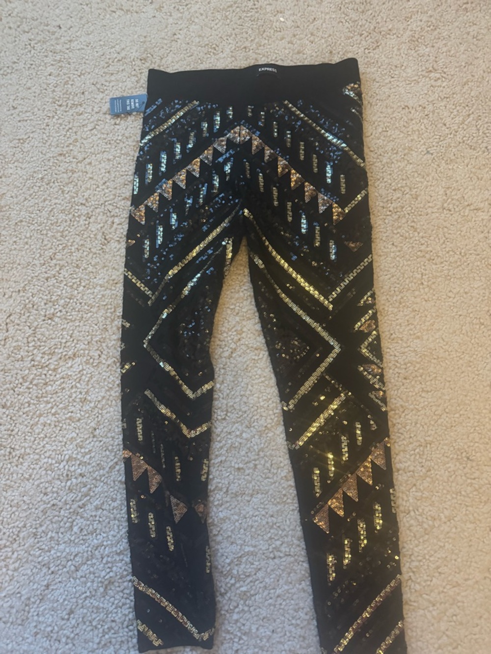Express Black Leggings with Gold & Bronze Sequin Geometric Detail Medium New